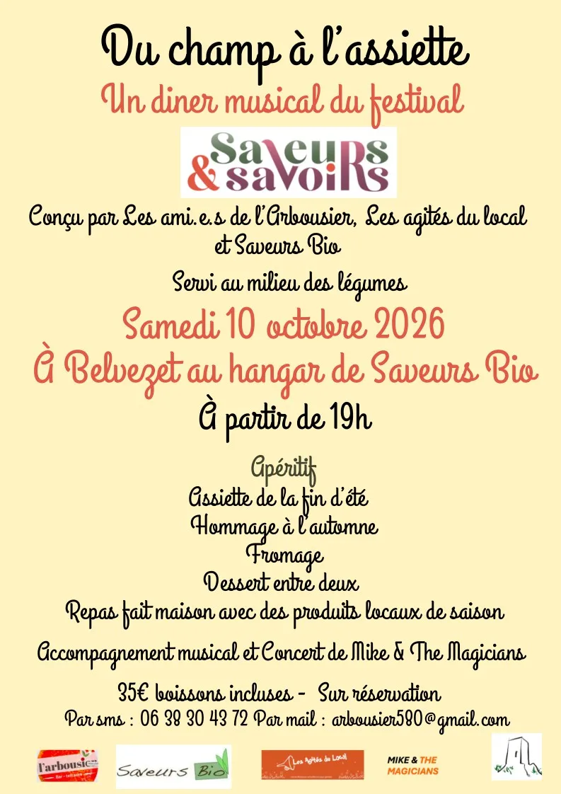 Dîner musical Du champ à l'assiette à Belvézet le 10 octobre 2026